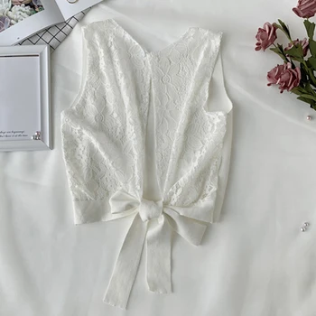 Unul alb dimensiune noua versiunea coreeană de dantela sexy tubular hollow spate curea sălbatice tricot vesta femei Sexy Vară fără Mâneci Vesta