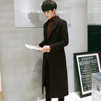 Coreea Style Moda de Lână de Iarnă CoatsTurn Jos Guler Haină de Lână Lung si Jacheta Singur Pieptul Bărbaților Palton