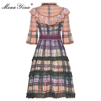 MoaaYina Designer de Moda rochie de Primavara-Vara pentru Femei Plasă de Volane Mozaic Dantela Carouri Rochii