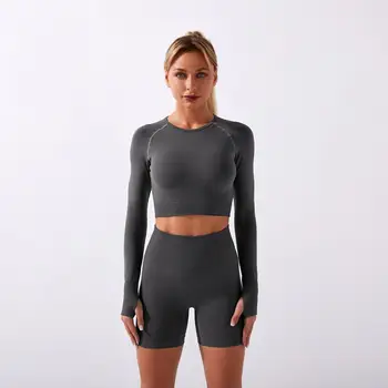 2021 Femei Culoare Solidă Maneca Topuri de Cultură pantaloni Scurți Seturi de Yoga Trening mai Stricte fFitness Sport Execută Două Piese Active Wear