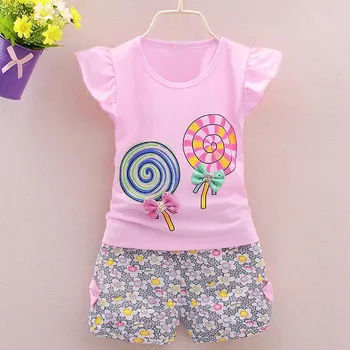 Lollipop din Bumbac Model Baby Girls T-Shirt, pantaloni Scurți Set 2 BUC pentru Copii Copilul de Moda Fete pentru Copii Haine Topuri+pantaloni Scurți Copil Haine Set