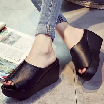 2019 Moda Femei Sandale Platforma Wedge din Piele PU Catâri Open Toe Slide-uri Pantofi de Vară de Mari Dimensiuni Solid Alb Negru Sandale