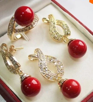 12mm Roșu Coajă Perla Pandantiv Colier Cercei Set Inel AAA stil>bijuterii Cristal de Cuarț Femei Nunta