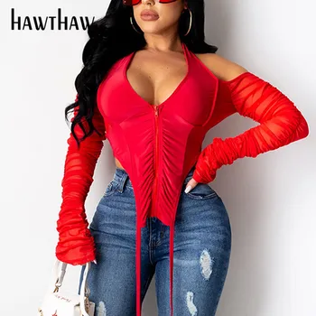 Hawthaw Sexy Femei Toamna Iarna De Pe Umăr Fermoar V Gât Ștreangul Cutat Tricouri Topuri Scurte 2020 Haine De Toamna Streetwear