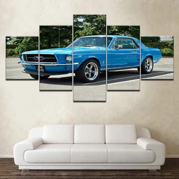 Opera de arta Retro Albastru Sport Auto Poster de Perete Decor Acasă de Artă 5 Bucati Imagine Ford Mustang Masina de Curse Panza Pictura HD Print Frame