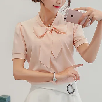 2019 Vară stil coreean Femei Tricou Maneca Scurta Femei Șifon fundita de Culoare Solidă Doamnelor Camasi Albe Plus Dimensiunea Îmbrăcăminte