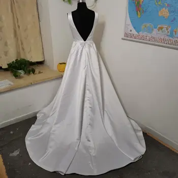 Elegant a-line Rochii de Mireasa fără Mâneci Alb Fildeș Satin fara Spate rochii de Mireasa Personalizate vestido de casamento Matura-Tren