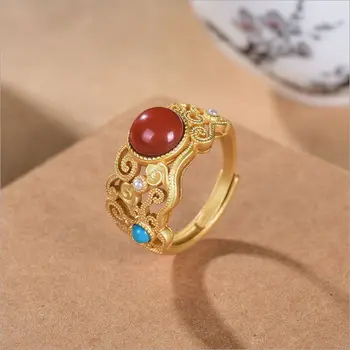 Naturale Hotan roșu turmalina inel deschis Chineză stil retro palace stil geometric gol afară de lumina de lux pentru femei bijuterii de argint