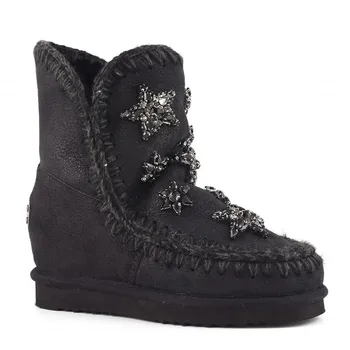 Moug de blană de iarna pentru femei snow ankle boots Original interior pană scurtă de cristal stele piele de oaie sutura fetei apartamente doamnelor pantofi