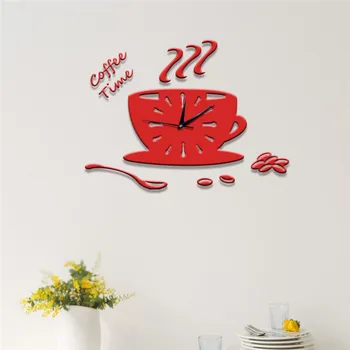 Roșu cănile de Cafea, Ceas Autocolante de Perete cu Design Modern 3D DIY Acrilice Stiker Horloge Ceas de Bucatarie Loc Liber Dormitor Decor Acasă