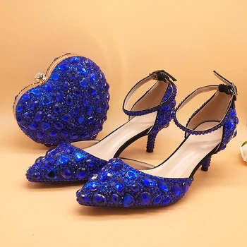 Royal Albastru Stras Nunta pantofi și inima saci set femeie pantofi de cristal rochie de Petrecere pantofi de Mireasa curea Glezna pantofi femei