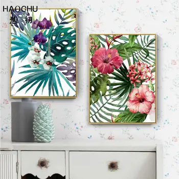 HAOCHU Acuarelă Planta Flamingo Arta Poster de Imprimare Imagine Păduri Tropicale, Flori, Frunze Decor de Perete Panza Pictura Decor Acasă