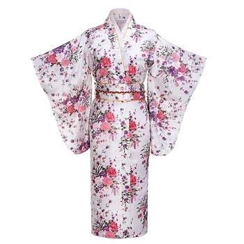 Elegante Lungi Kimono Japonez Femei Satin Kimono-Halat De Baie Halat Yukata Cu Obitage De Imprimare De Flori De Performanță Îmbrăcăminte Halat Rochia