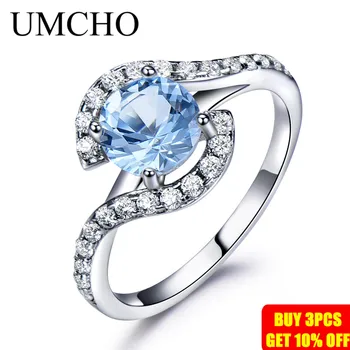 UMCHO Real Argint 925 Inele Pentru Femei Clasic Rotund Creat Cerul Albastru Topaz Piatră prețioasă Nunta Îndrăgostiților Cadou bijuterii