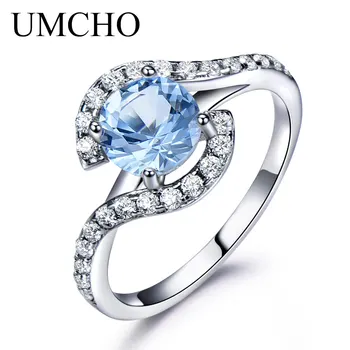 UMCHO Real Argint 925 Inele Pentru Femei Clasic Rotund Creat Cerul Albastru Topaz Piatră prețioasă Nunta Îndrăgostiților Cadou bijuterii