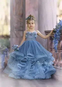 Ceata Albastra Floare Fata Rochii de Mireasa Dantela 3D Florale Appliqued fetițe Concurs de Rochie, Fuste vestidos de desfile