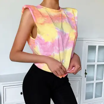 Femeile Vară Fără Mâneci Subțire Rezervor De Top Culoare De Contrast Gradient Tie-Dye Vest Umăr Căptușit Gât Rotund Casual Streetwear