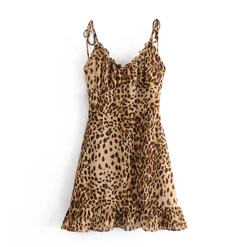 Femei De Moda Chic Leopard De Imprimare Rochie Mini Vintage V Gâtului Fermoar Lateral Bretele Subtiri Femei Rochii