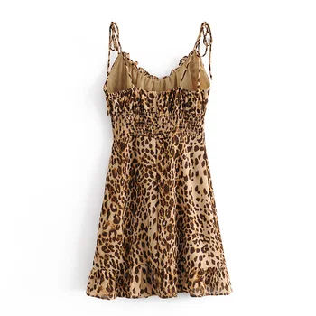 Femei De Moda Chic Leopard De Imprimare Rochie Mini Vintage V Gâtului Fermoar Lateral Bretele Subtiri Femei Rochii