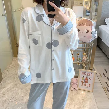 Acasă Haine pentru Femei Polka Dot Pijama pentru Femei din Bumbac Acasă Costum Sleepwear Set Pantaloni cu mâneci Lungi Două Bucata Set Femeile 2021