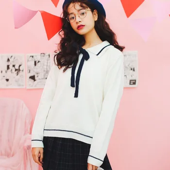 Moda Coreeană Marinar Guler Maneca Lunga Femei Pulover Pulovere Dantelă Destul Toamna Anului Nou Pulovere Pulovere Top Alb Tricotaje