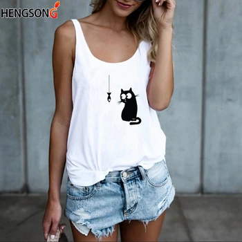 Vara Femei Alb Topuri Rezervor Doamnelor Pisica Drăguț Print Casual Vesta fără Mâneci Topuri tricou Femei Alb O-Neck T-shirt Bretele Camis