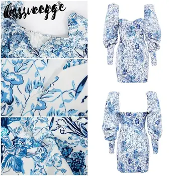 Lessverge Print Floral Vintage Albastru Bodycon Puff maneca Mini Toamna Iarna Streetwear Femei de Seara Rochii Elegante Vestidos