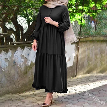 Lugentolo Maxi Rochie De Femei Timp De Vara Moda Musulmană Solidă Maneca Trei Sferturi Imperiu O-Gât Volane Rochie Eleganta