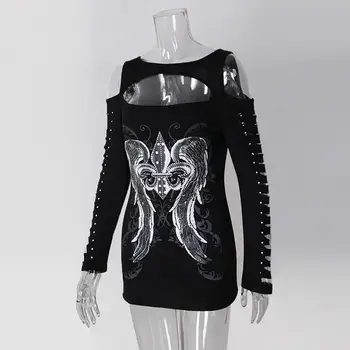 Punk Tricou Blusas Femei Negru Umăr Rece T-Shirt cu Maneci Lungi Tubulare Lungi de Top de Imprimare 3D Aripi Casual Femei Topuri Teuri LJ9170X