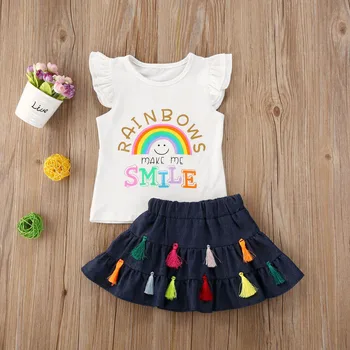 2020 1-5T Copil Copil Copil Copii Haine de Fata Set Vară fără Mâneci Gât Rotund Rainbow Top Ciucure Fusta Costume de Îmbrăcăminte 2 buc