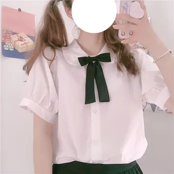 Stil coreean Butonul Până Camasi Albe Femei Vara Zburli Puff Maneca Scurta Epocă Topuri Lolita Fată Drăguță JK Uniformă Bluza Roz