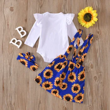 Bebe fete complet maneca topuri costume de floarea-soarelui imprimare scrisoare arc benzi curea rochie copilul newbron haine seturi 3pcs