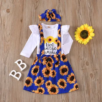 Bebe fete complet maneca topuri costume de floarea-soarelui imprimare scrisoare arc benzi curea rochie copilul newbron haine seturi 3pcs
