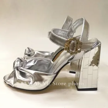 Sandale De Aur Stil Retro Bloc Toc Sandale Femei Argint Cu Toc De Cristal Catarama Roma Pantofi Femei Vara Sandale Din Piele