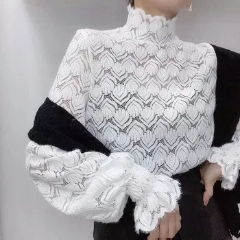 Versiunea Coreeană Japoneză Bluza De Moda Subțire Simplu De Iarna Toamna Fierbinte De Vânzare Gol Afară De Dantela Groasa Cu Maneci Lungi Guler De Sus