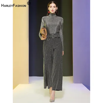 HARLEYFASHION Design de Lux, 2 Seturi de Piese Femeile Mozaic Ciucuri Turnleneck Aur Top de Mătase Și Picior de Cristal Pantaloni Lungi