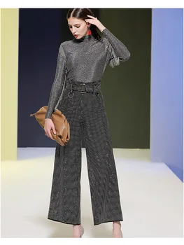 HARLEYFASHION Design de Lux, 2 Seturi de Piese Femeile Mozaic Ciucuri Turnleneck Aur Top de Mătase Și Picior de Cristal Pantaloni Lungi