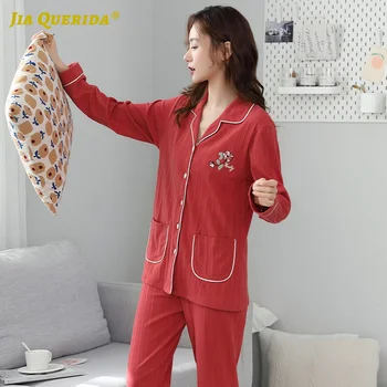 Noi Solidă Maneca Lunga, Pantaloni Lungi Pj Set Pijama Set Rândul Său, În Jos Guler Homesuit Homeclothes Buzunar Frontal Din Bumbac Elegant