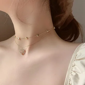 Coreene noi bijuterii de moda multi-strat lanț de cupru încrustat zircon dragoste pandantiv drăguț atent forma clavicula colier de sex feminin