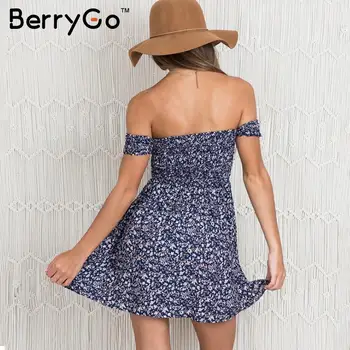 BerryGo Sexy de pe umăr imprimare rochie de vara de Epocă talie mare rochie de plaja 2018 Elegant se potrivesc și flare scurte fete rochii pentru femei