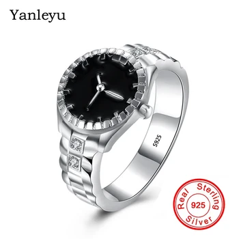 Yanleyu Noul Ceas de Moda Inel de Stil pentru Bărbați și Femei Reale Argint 925 Inel Email Negru Bijuterii PR362