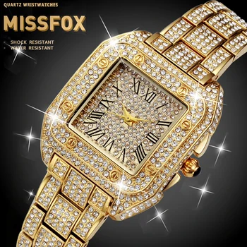 MISSFOX Square Mens Ceas de mână rezistent la apă Rezervor din Oțel Brand de Lux de Gheață Afară Santos bratari FF Unic Mens Ceas cu Diamante