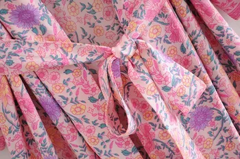 Bohemia Roz imprimeu Floral Kimono Lung Bluza Hippie Femei Cheotoare Lega Arcul Eșarfe Lungi Cardigan Vrac Bluza BOHO Topuri de Vacanță