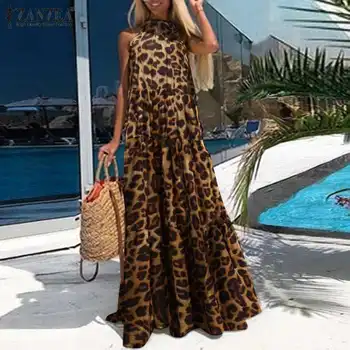 ZANZEA Moda Leopard Print Maxi Rochie Sexy Femei Halter rochie de vară fără Mâneci Plajă Zburli Vestido de sex Feminin Robă Lungă Plus Dimensiune