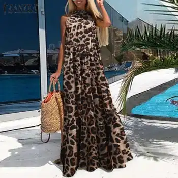 ZANZEA Moda Leopard Print Maxi Rochie Sexy Femei Halter rochie de vară fără Mâneci Plajă Zburli Vestido de sex Feminin Robă Lungă Plus Dimensiune