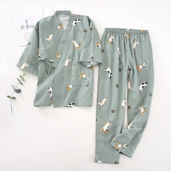 Japonezii de Potrivire Pijamale Primăvara Și Toamna din Bumbac Tifon Aburit Kimono Bărbați Și Femei Sleepwear Set Пижам женская