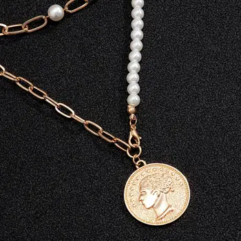 2 buc/Set Vintage Sculptate Moneda Pearl Lanț Colier Femei Boho Multistrat Portret în Medalion Pandantiv Coliere Lungi Goth Bijuterii