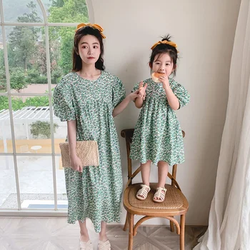 De vară 2020 părinte-copil rochie mama și fiica gât șifon florale puff maneca rochie