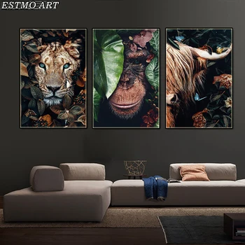 Panza Pictura arta Abstractă Flori și Tigru, Elefant Elan Leu poster și Printuri de Perete camera de zi HD Animal Decor imagine