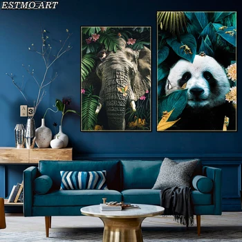 Panza Pictura arta Abstractă Flori și Tigru, Elefant Elan Leu poster și Printuri de Perete camera de zi HD Animal Decor imagine